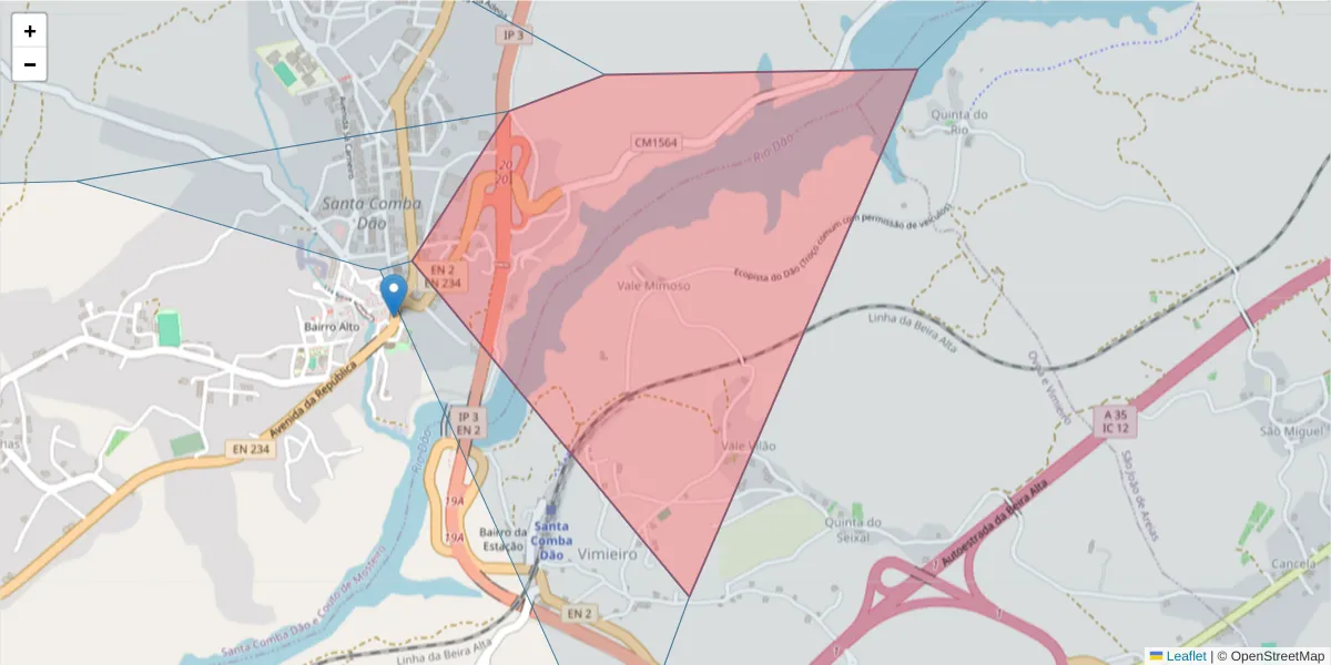 Mapa detalhado do código postal 3440-384 com limites, códigos postais vizinhos e agências dos correios