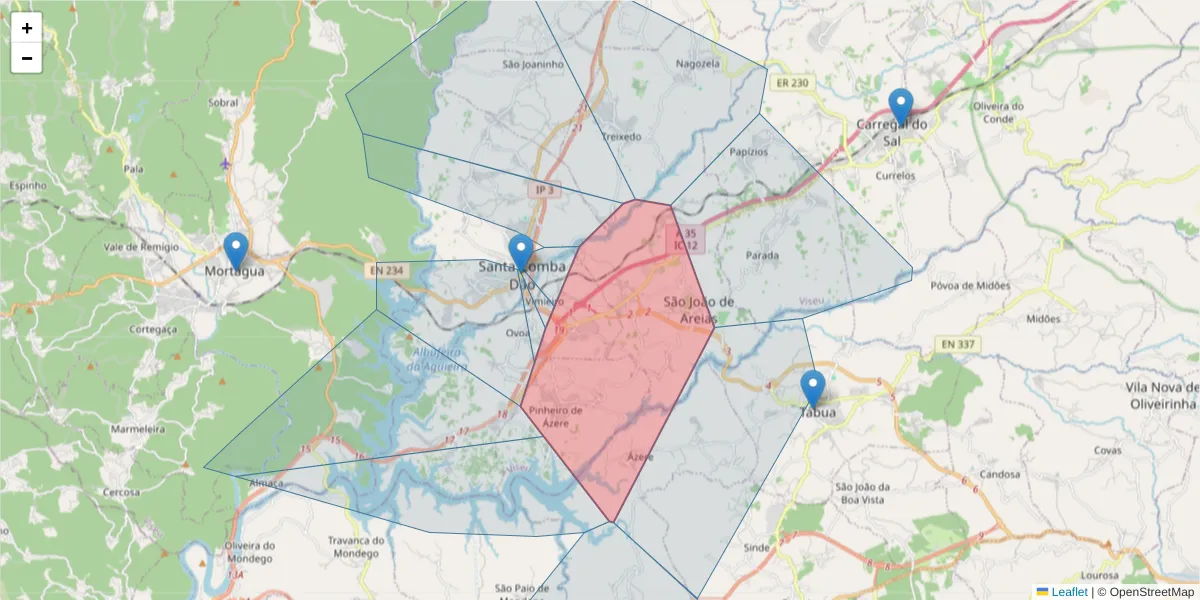 Mapa detalhado do código postal 3440-610 com limites, códigos postais vizinhos e agências dos correios