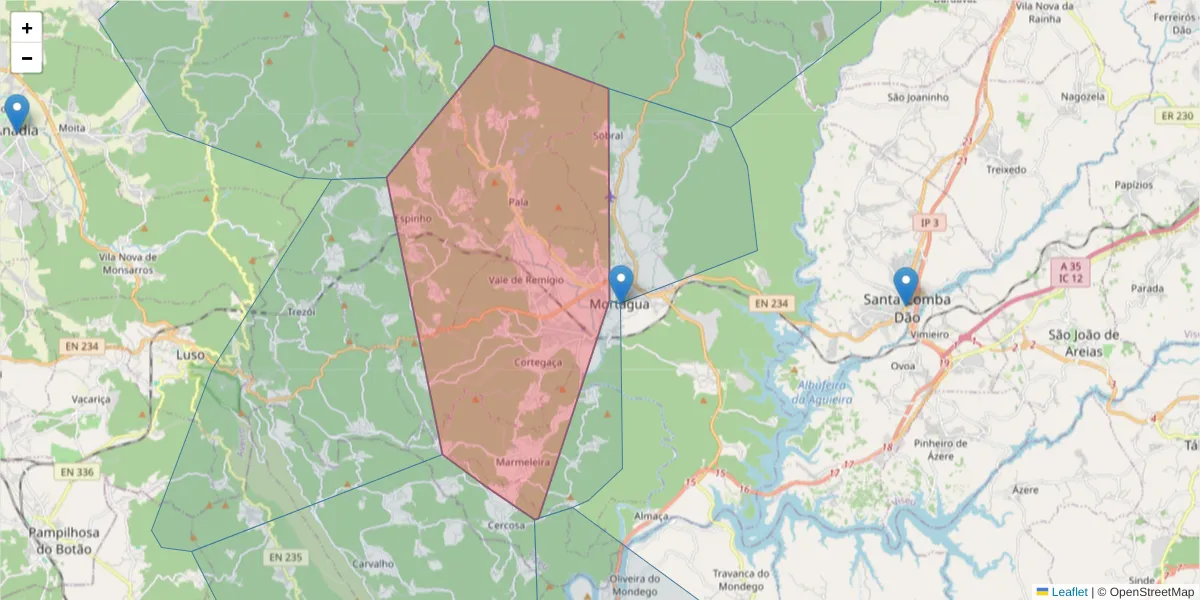 Mapa detalhado do código postal 3450-152 com limites, códigos postais vizinhos e agências dos correios