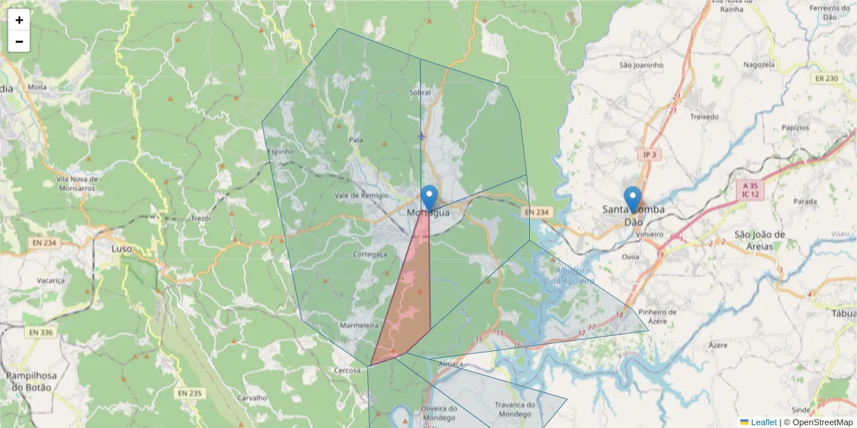 Mapa detalhado do código postal 3450-153 com limites, códigos postais vizinhos e agências dos correios