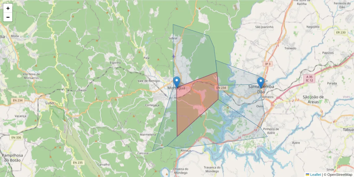 Mapa detalhado do código postal 3450-166 com limites, códigos postais vizinhos e agências dos correios