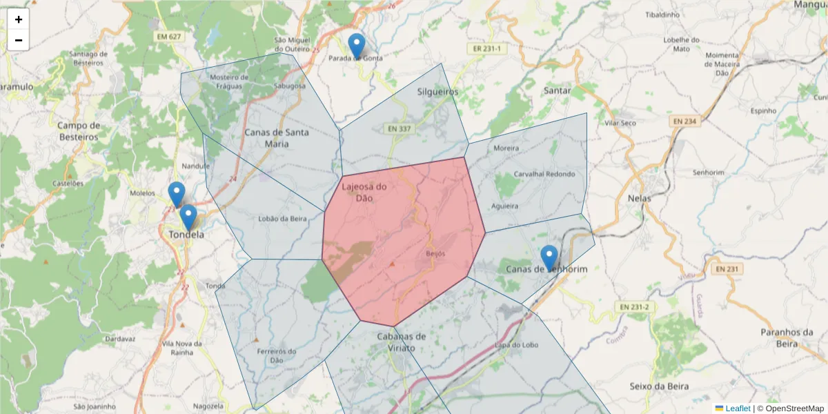 Mapa detalhado do código postal 3460-160 com limites, códigos postais vizinhos e agências dos correios