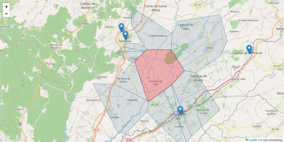 Mapa detalhado do código postal 3460-330 com limites, códigos postais vizinhos e agências dos correios