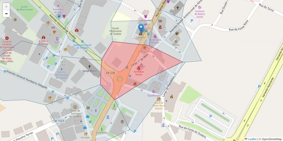Mapa detalhado do código postal 3460-530 com limites, códigos postais vizinhos e agências dos correios