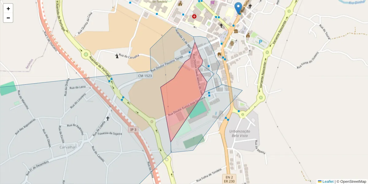 Mapa detalhado do código postal 3460-579 com limites, códigos postais vizinhos e agências dos correios