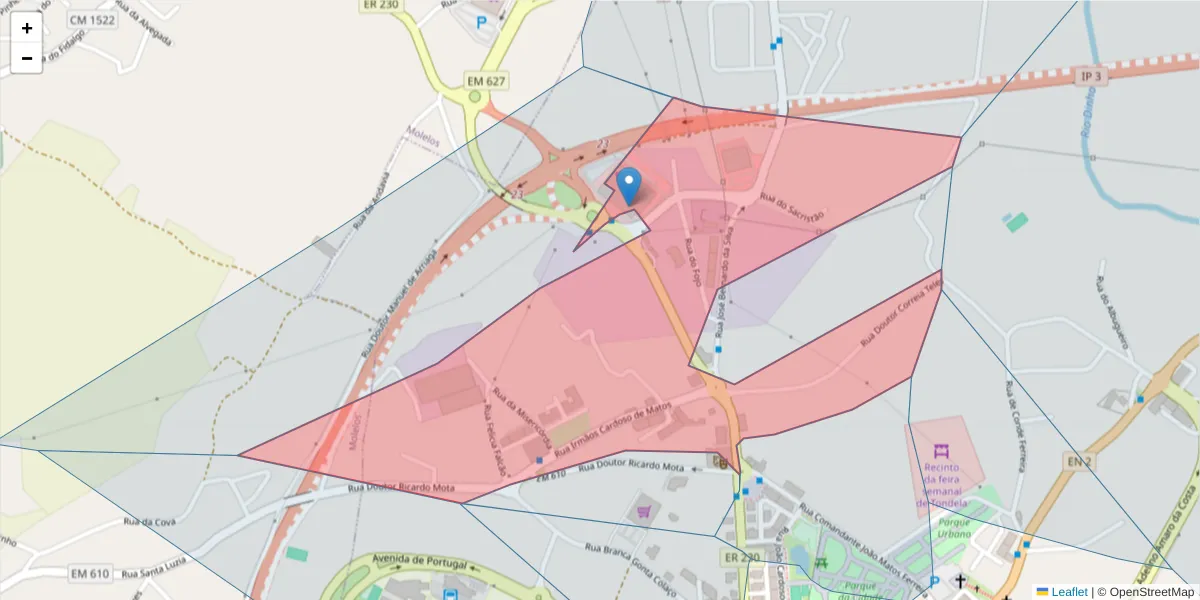 Mapa detalhado do código postal 3460-591 com limites, códigos postais vizinhos e agências dos correios
