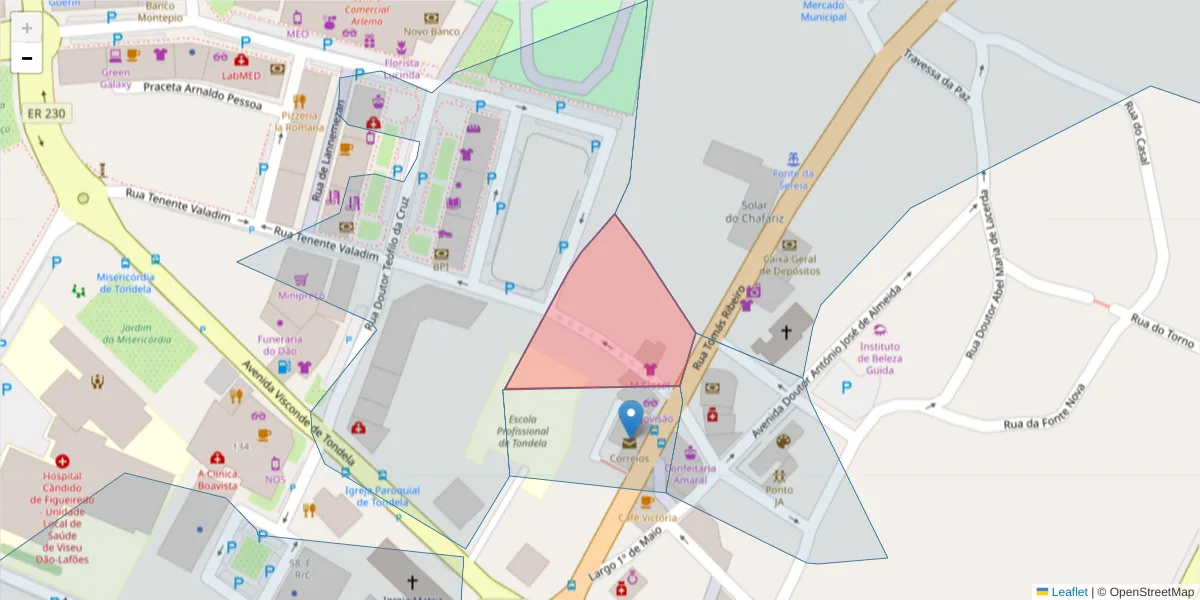 Mapa detalhado do código postal 3460-615 com limites, códigos postais vizinhos e agências dos correios