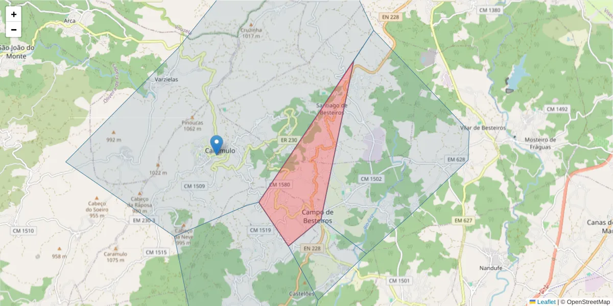 Mapa detalhado do código postal 3465-001 com limites, códigos postais vizinhos e agências dos correios