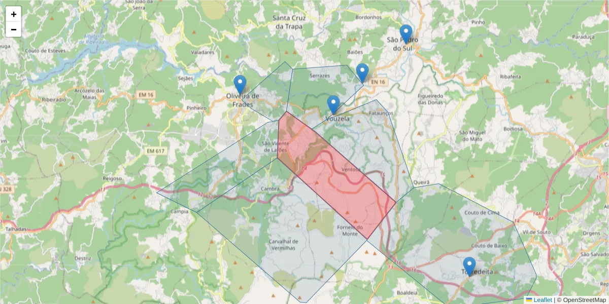 Mapa detalhado do código postal 3465-051 com limites, códigos postais vizinhos e agências dos correios