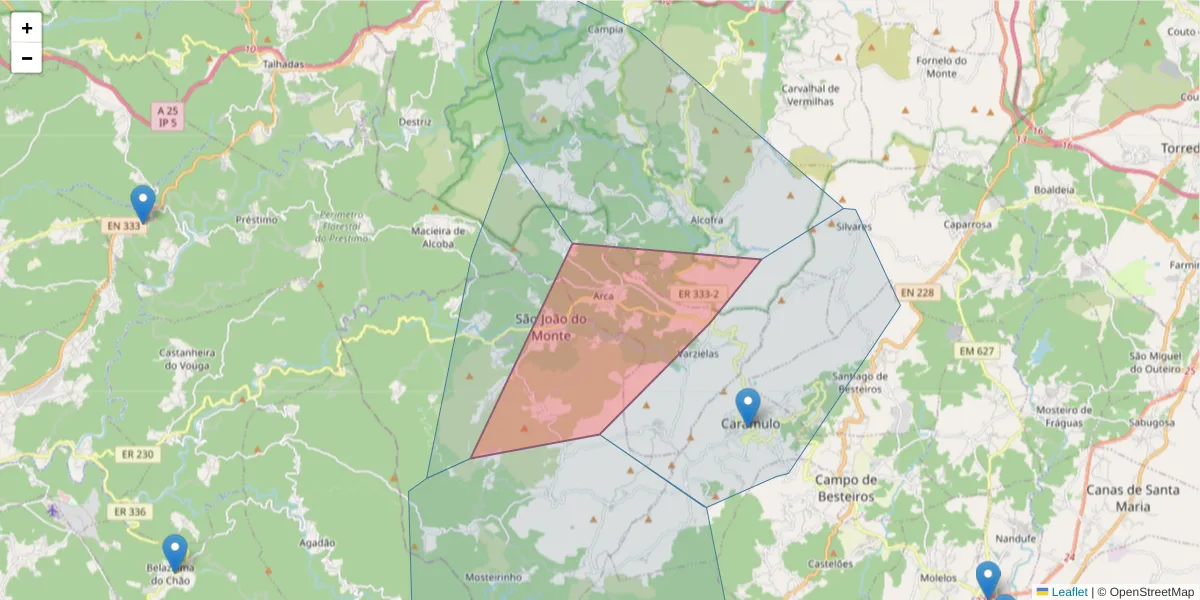 Mapa detalhado do código postal 3475-010 com limites, códigos postais vizinhos e agências dos correios