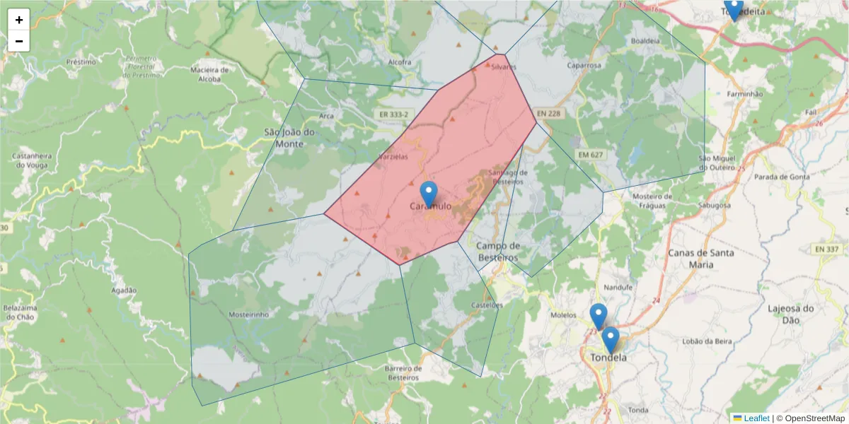 Mapa detalhado do código postal 3475-031 com limites, códigos postais vizinhos e agências dos correios