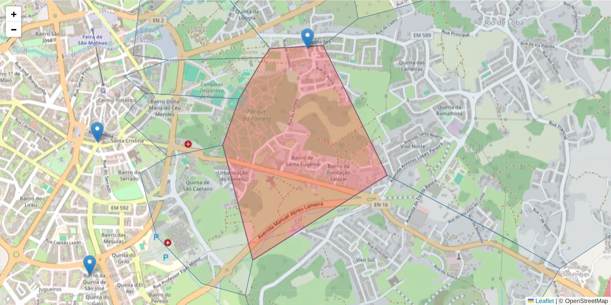 Mapa detalhado do código postal 3500-002 com limites, códigos postais vizinhos e agências dos correios