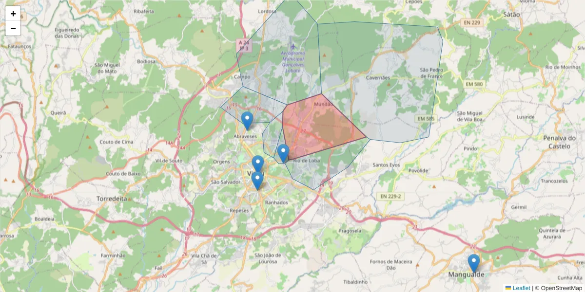Mapa detalhado do código postal 3500-012 com limites, códigos postais vizinhos e agências dos correios