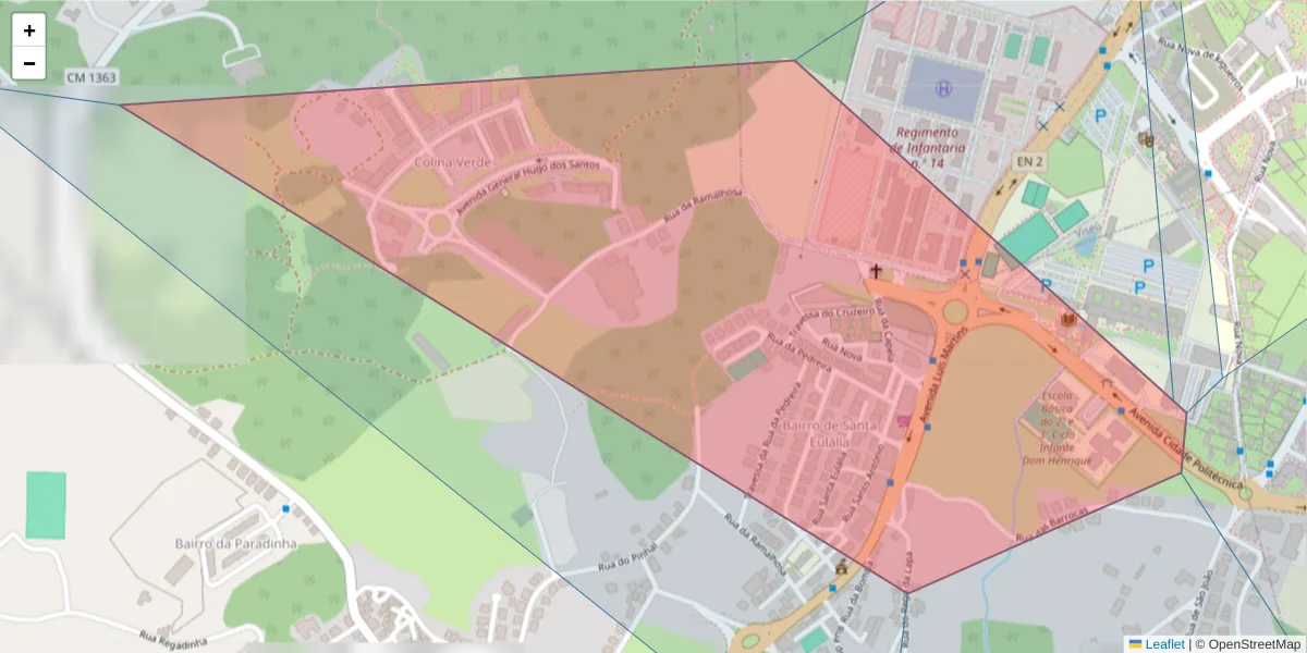 Mapa detalhado do código postal 3500-014 com limites, códigos postais vizinhos e agências dos correios
