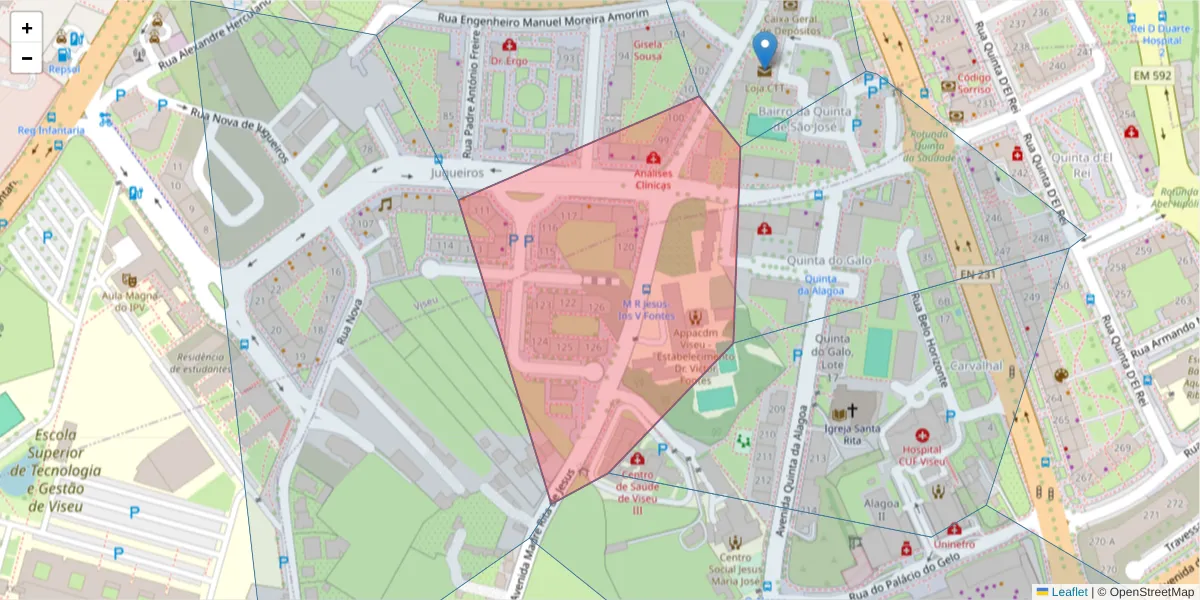 Mapa detalhado do código postal 3500-029 com limites, códigos postais vizinhos e agências dos correios