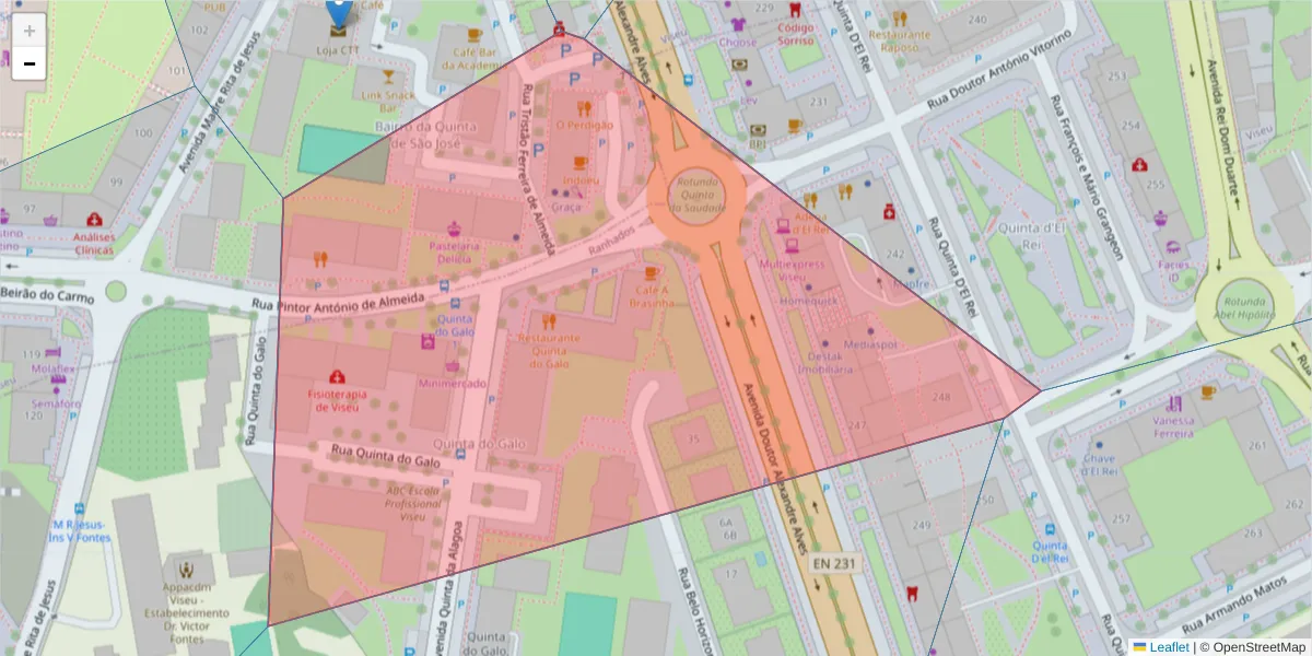 Mapa detalhado do código postal 3500-037 com limites, códigos postais vizinhos e agências dos correios