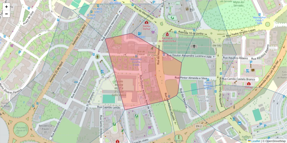 Mapa detalhado do código postal 3500-072 com limites, códigos postais vizinhos e agências dos correios