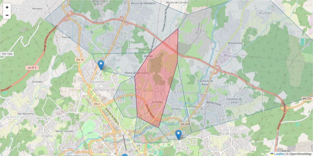 Mapa detalhado do código postal 3500-117 com limites, códigos postais vizinhos e agências dos correios