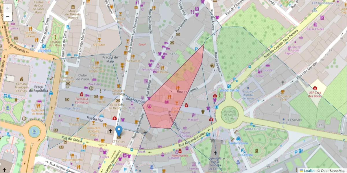 Mapa detalhado do código postal 3500-135 com limites, códigos postais vizinhos e agências dos correios