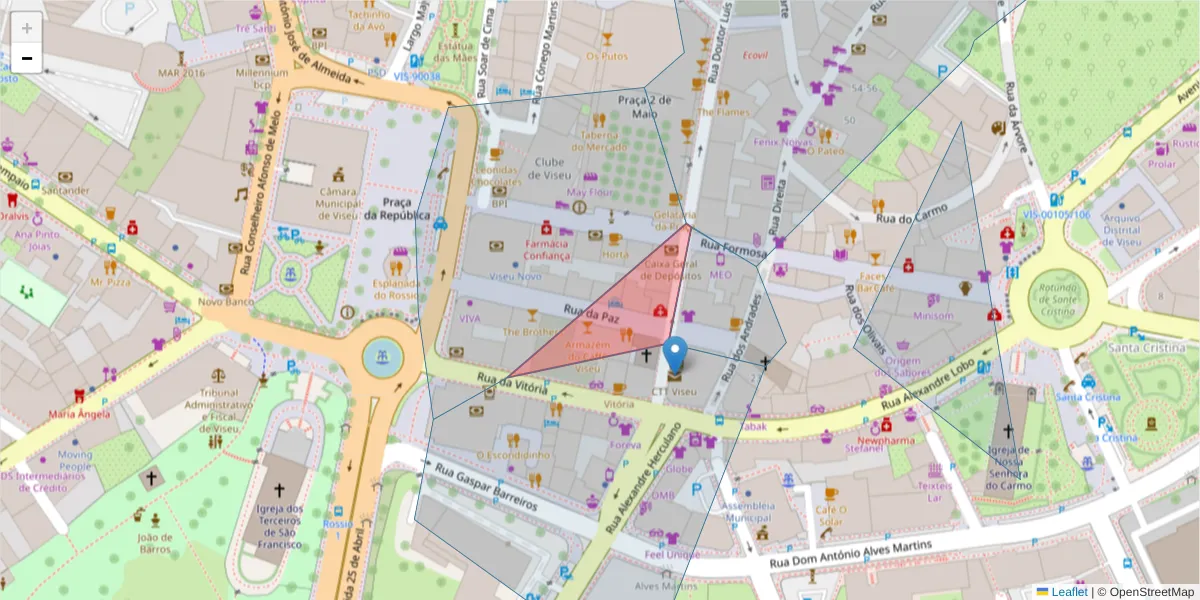 Mapa detalhado do código postal 3500-222 com limites, códigos postais vizinhos e agências dos correios