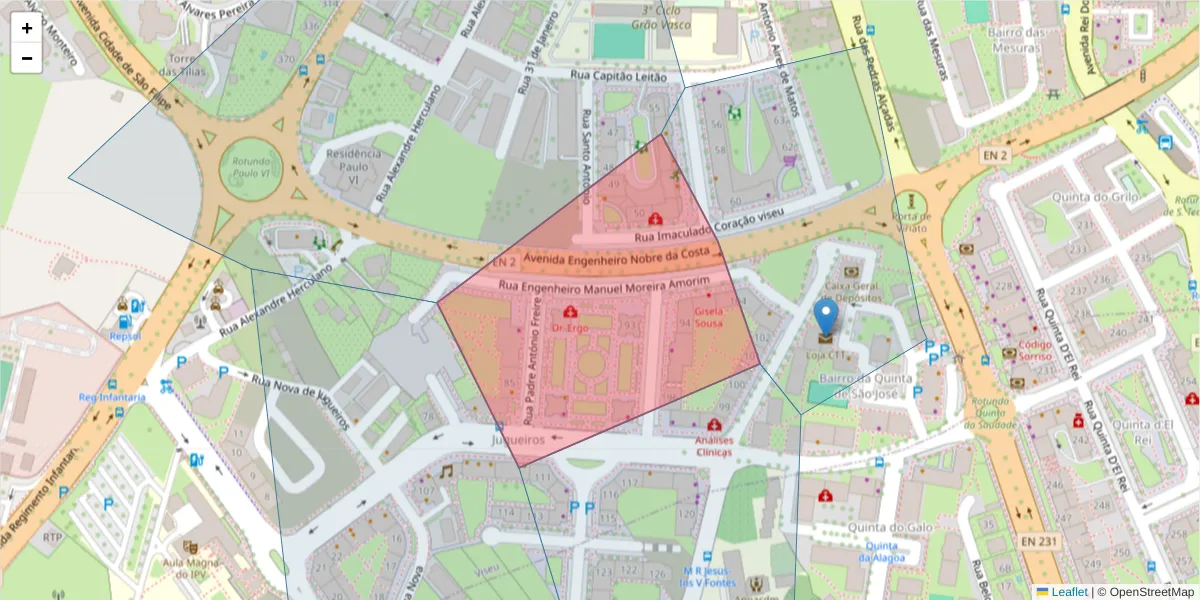Mapa detalhado do código postal 3500-223 com limites, códigos postais vizinhos e agências dos correios