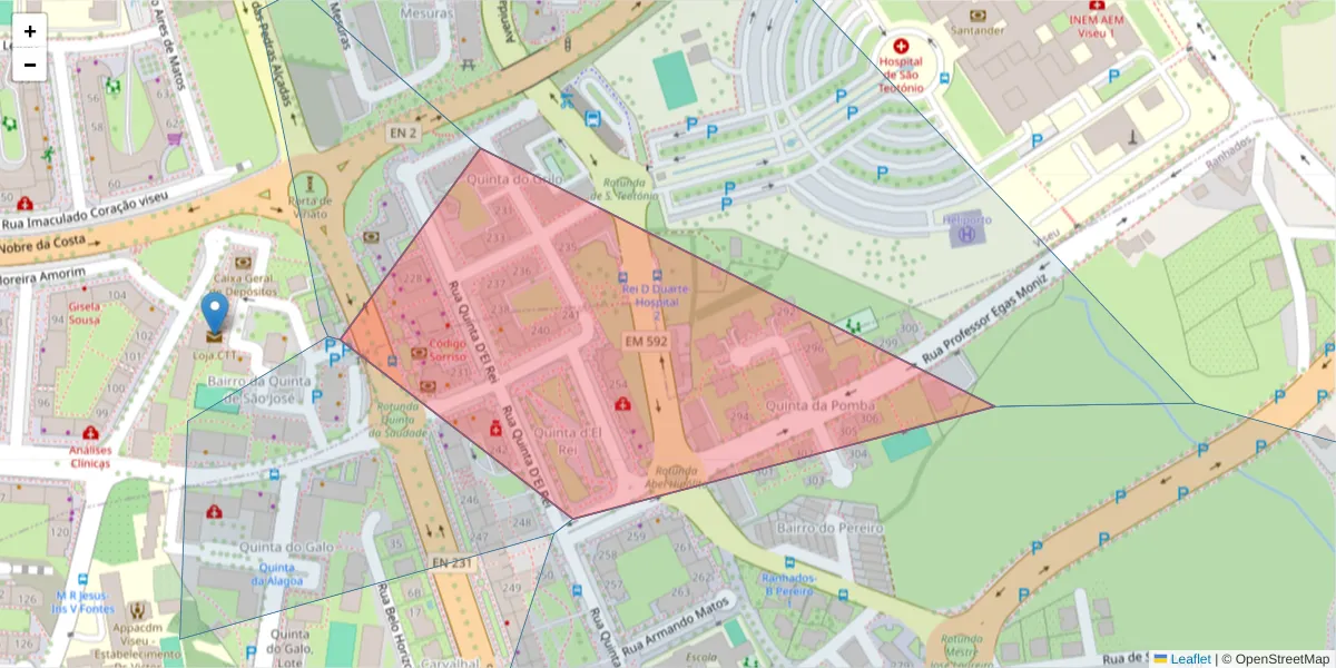 Mapa detalhado do código postal 3500-401 com limites, códigos postais vizinhos e agências dos correios