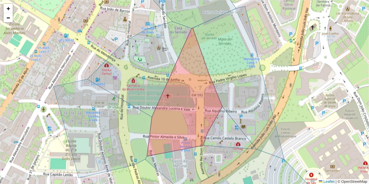 Mapa detalhado do código postal 3500-417 com limites, códigos postais vizinhos e agências dos correios
