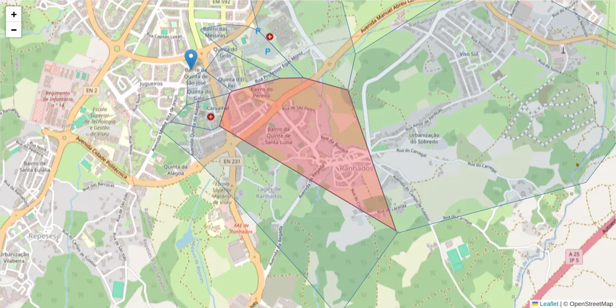 Mapa detalhado do código postal 3500-631 com limites, códigos postais vizinhos e agências dos correios
