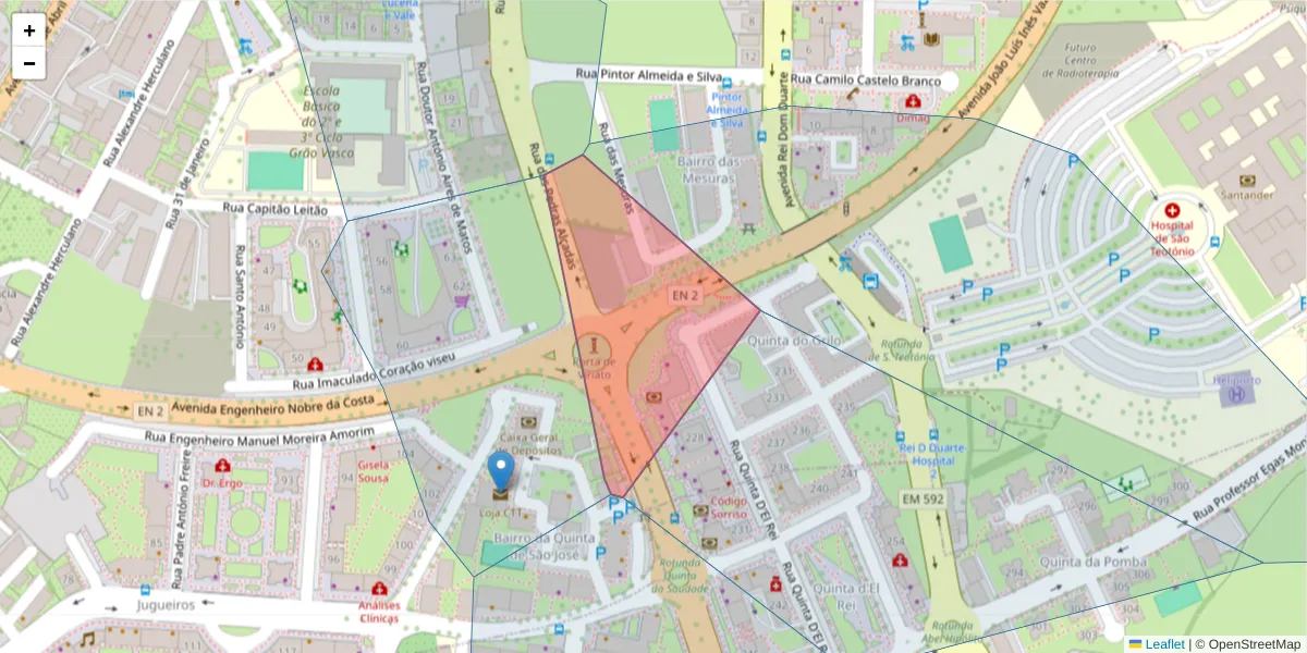 Mapa detalhado do código postal 3500-632 com limites, códigos postais vizinhos e agências dos correios