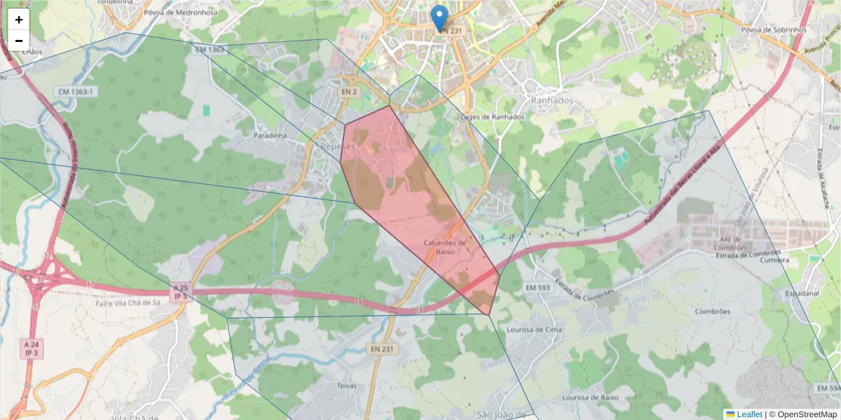 Mapa detalhado do código postal 3500-713 com limites, códigos postais vizinhos e agências dos correios