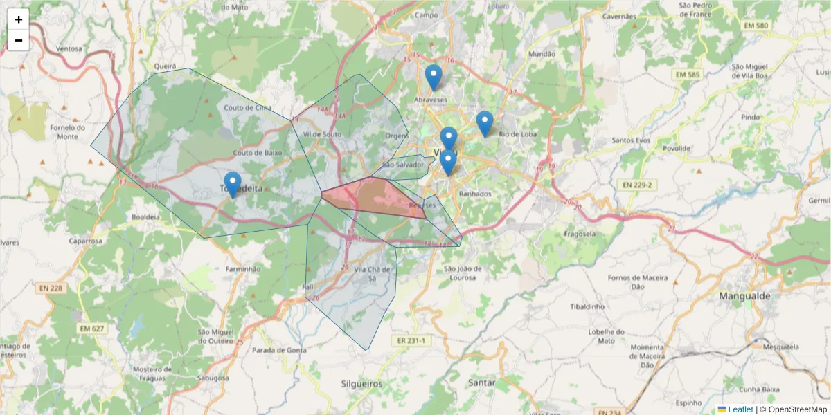 Mapa detalhado do código postal 3500-719 com limites, códigos postais vizinhos e agências dos correios