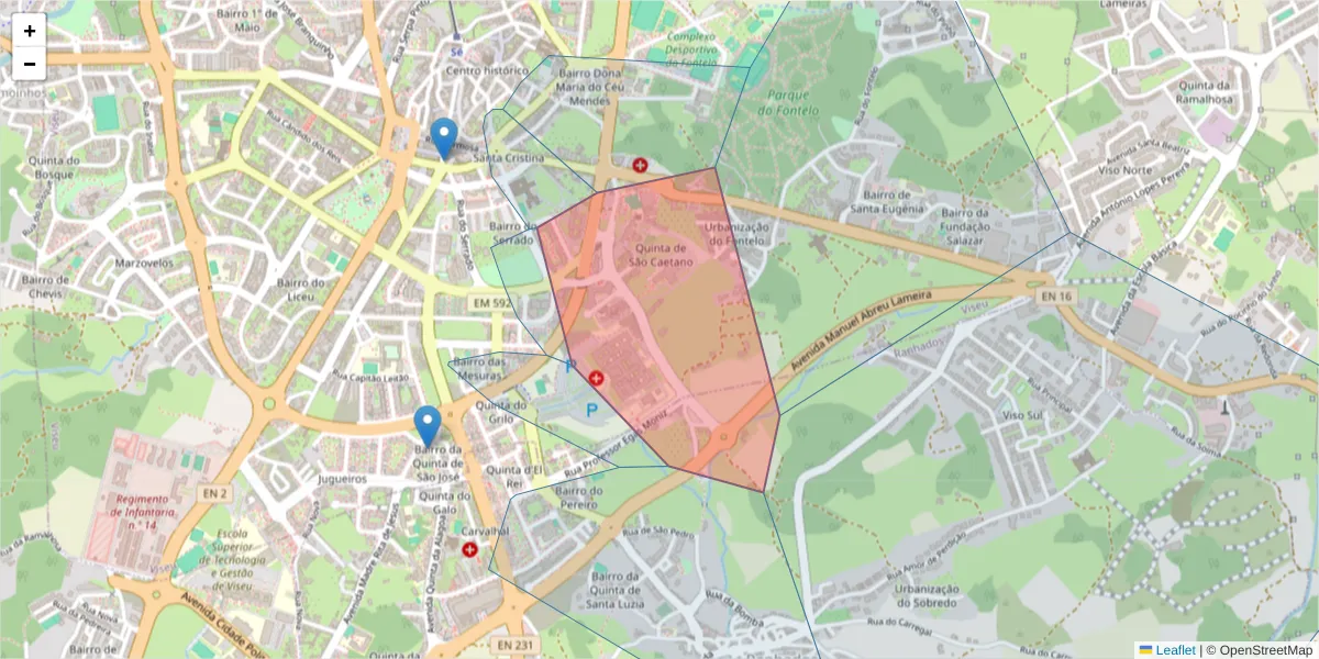 Mapa detalhado do código postal 3500-846 com limites, códigos postais vizinhos e agências dos correios