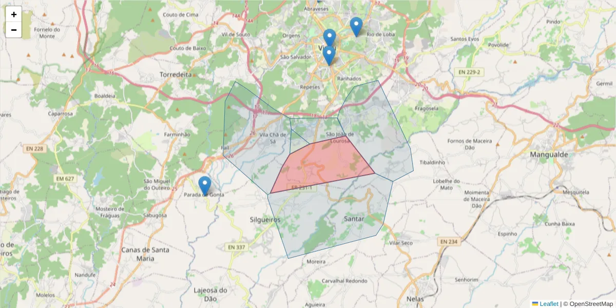 Mapa detalhado do código postal 3500-892 com limites, códigos postais vizinhos e agências dos correios