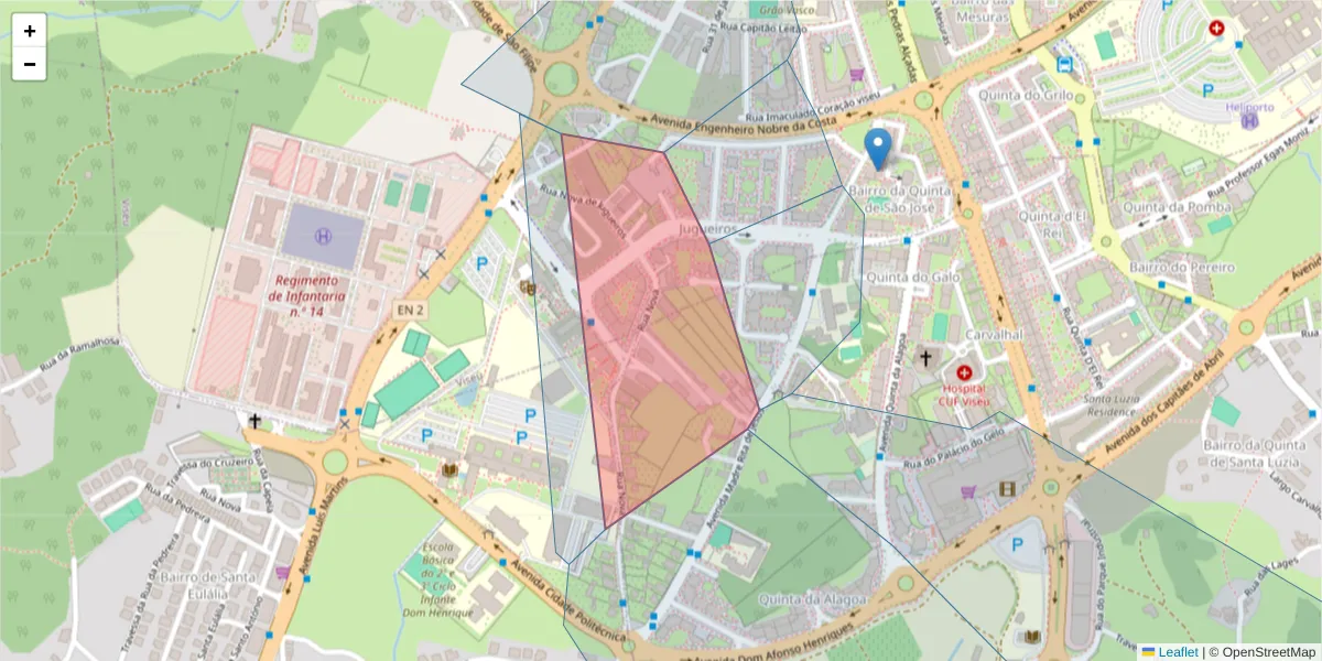 Mapa detalhado do código postal 3500 com limites, códigos postais vizinhos e agências dos correios