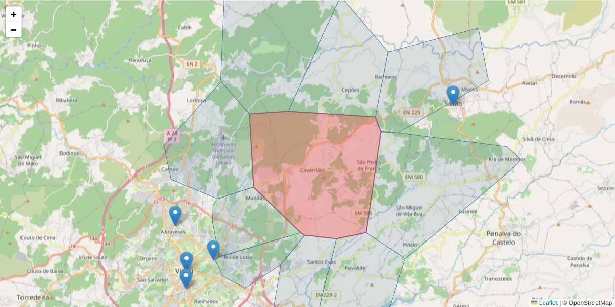 Mapa detalhado do código postal 3505-111 com limites, códigos postais vizinhos e agências dos correios