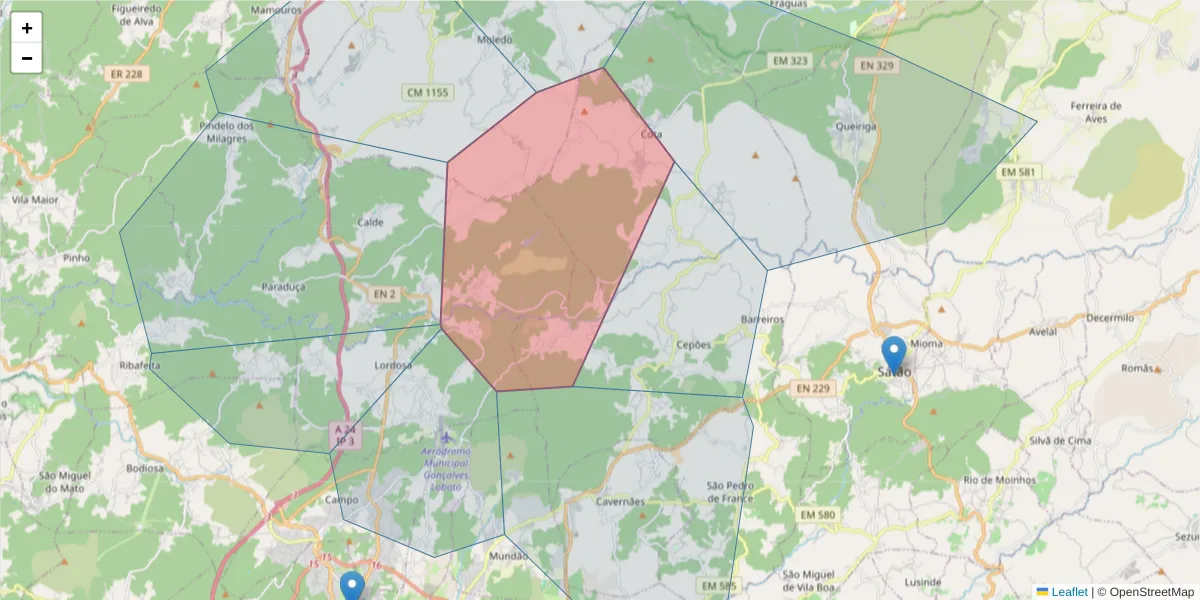 Mapa detalhado do código postal 3505-165 com limites, códigos postais vizinhos e agências dos correios