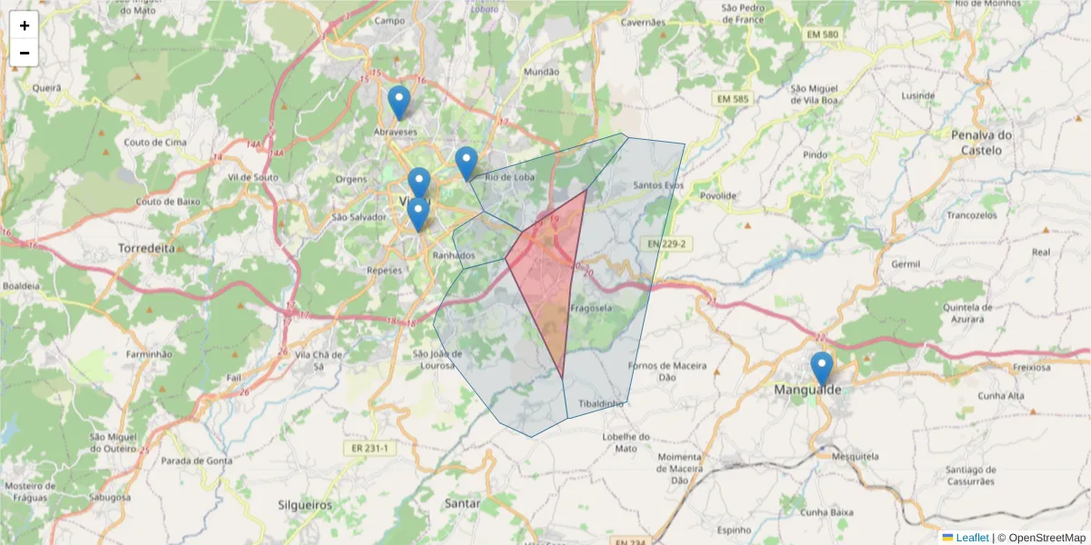 Mapa detalhado do código postal 3505-410 com limites, códigos postais vizinhos e agências dos correios