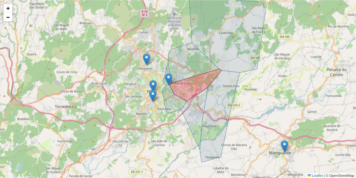 Mapa detalhado do código postal 3505-570 com limites, códigos postais vizinhos e agências dos correios