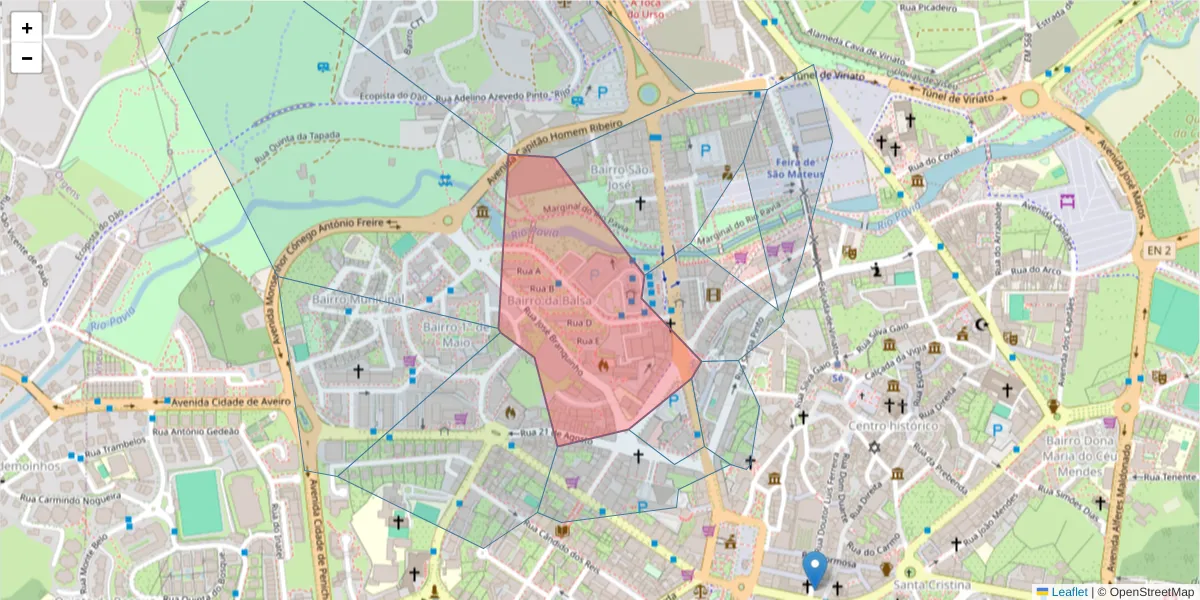 Mapa detalhado do código postal 3510-001 com limites, códigos postais vizinhos e agências dos correios