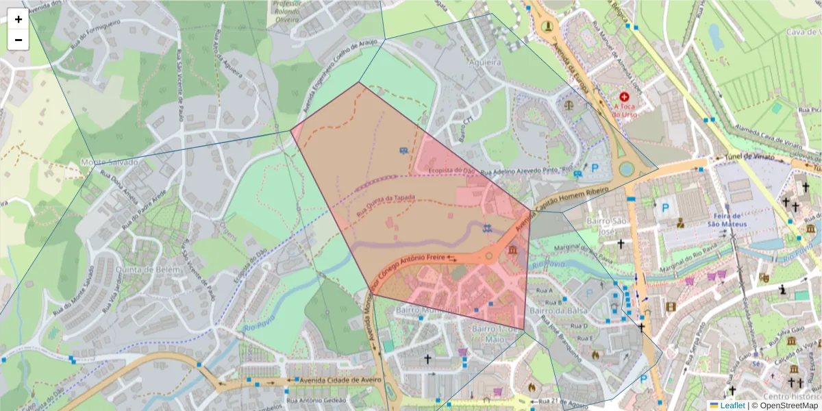 Mapa detalhado do código postal 3510-009 com limites, códigos postais vizinhos e agências dos correios