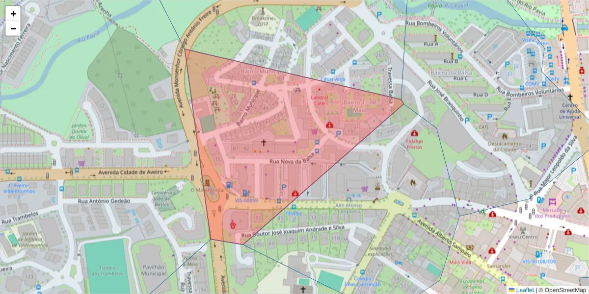 Mapa detalhado do código postal 3510-051 com limites, códigos postais vizinhos e agências dos correios