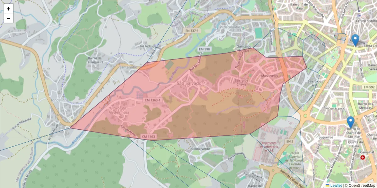Mapa detalhado do código postal 3510-085 com limites, códigos postais vizinhos e agências dos correios