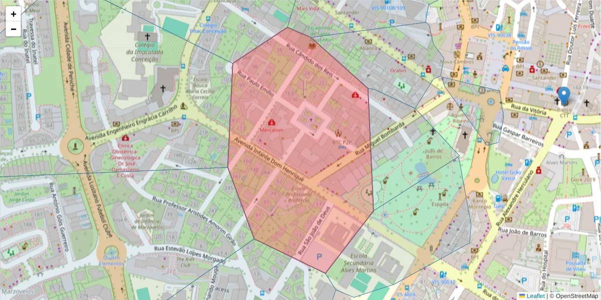 Mapa detalhado do código postal 3510-098 com limites, códigos postais vizinhos e agências dos correios
