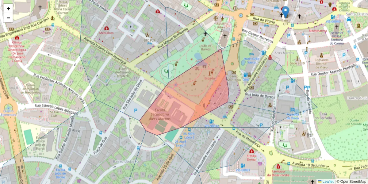 Mapa detalhado do código postal 3510-118 com limites, códigos postais vizinhos e agências dos correios