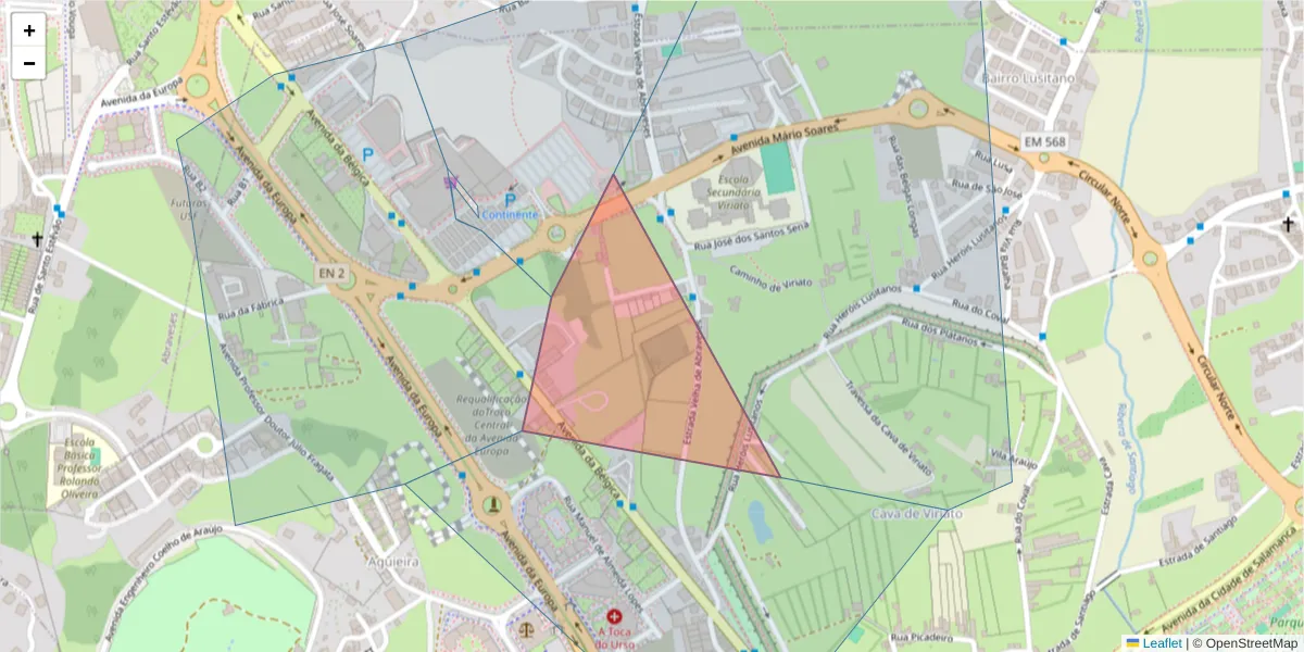 Mapa detalhado do código postal 3510-204 com limites, códigos postais vizinhos e agências dos correios