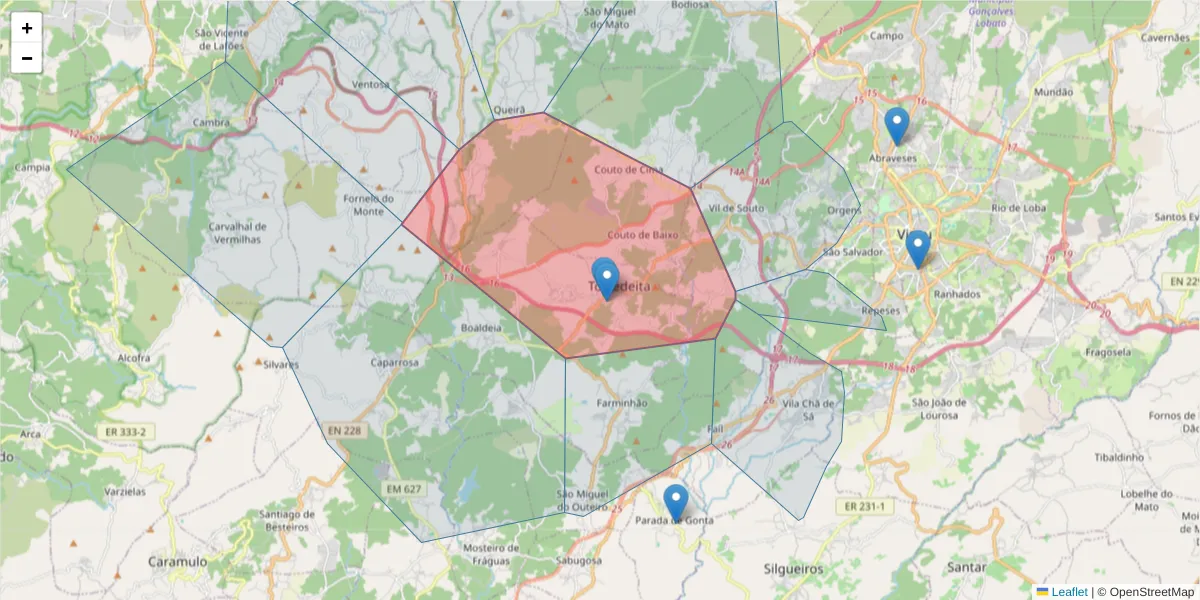Mapa detalhado do código postal 3510-811 com limites, códigos postais vizinhos e agências dos correios