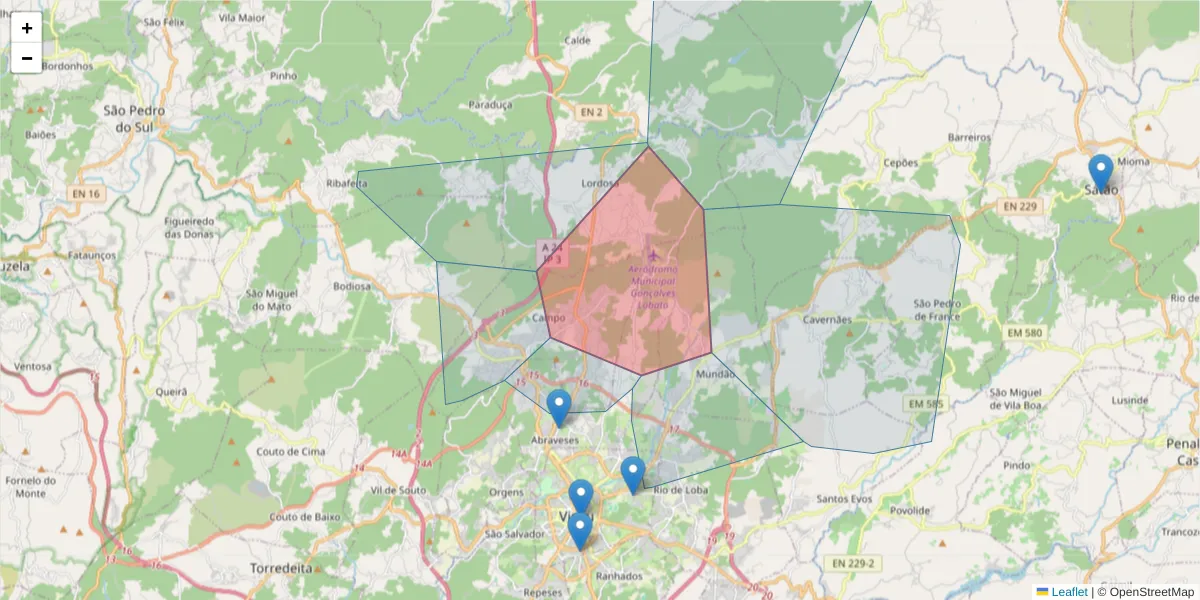 Mapa detalhado do código postal 3515-342 com limites, códigos postais vizinhos e agências dos correios