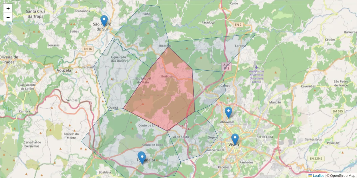 Mapa detalhado do código postal 3515-608 com limites, códigos postais vizinhos e agências dos correios