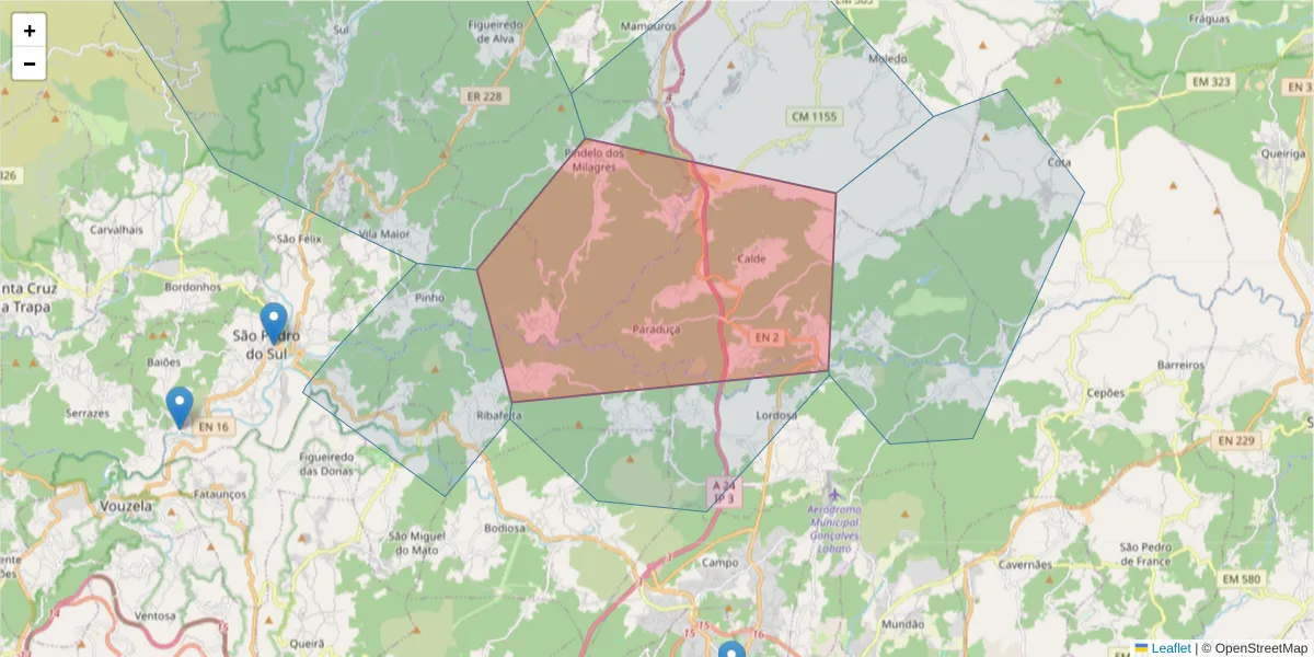 Mapa detalhado do código postal 3515-744 com limites, códigos postais vizinhos e agências dos correios