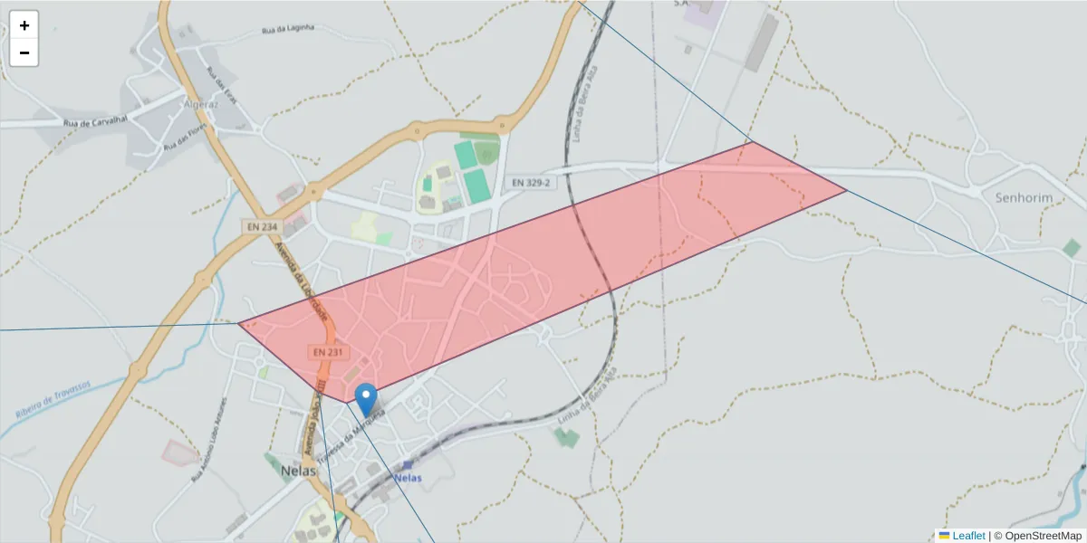 Mapa detalhado do código postal 3520-001 com limites, códigos postais vizinhos e agências dos correios